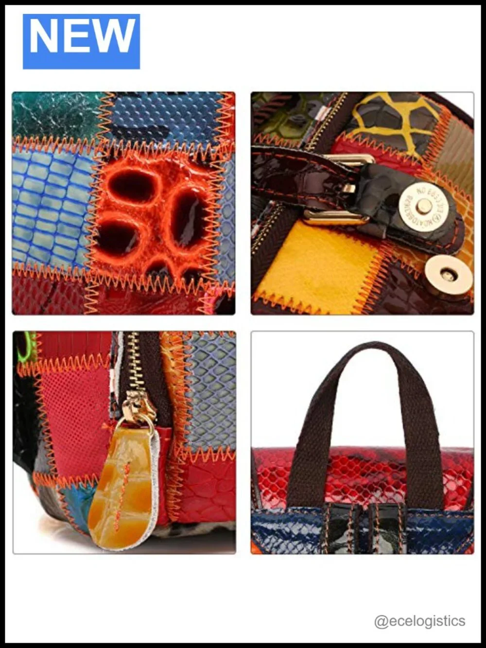 Genuine Leather Patchwork Bohemian Backpack with Removable Adjustable Strap,